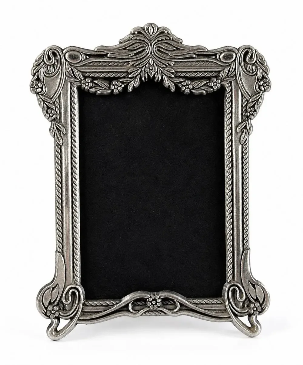 Vtg Ornate Silver Tone Picture Frame Floral Scroll Easel Back 5x6.5 Fits 3.5x5